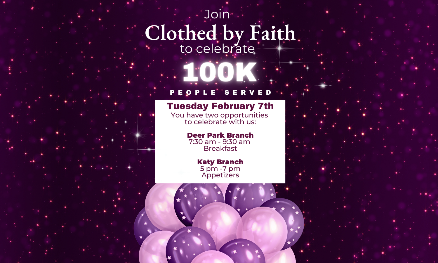 Clothed by Faith 100k Celebration at Katy background image