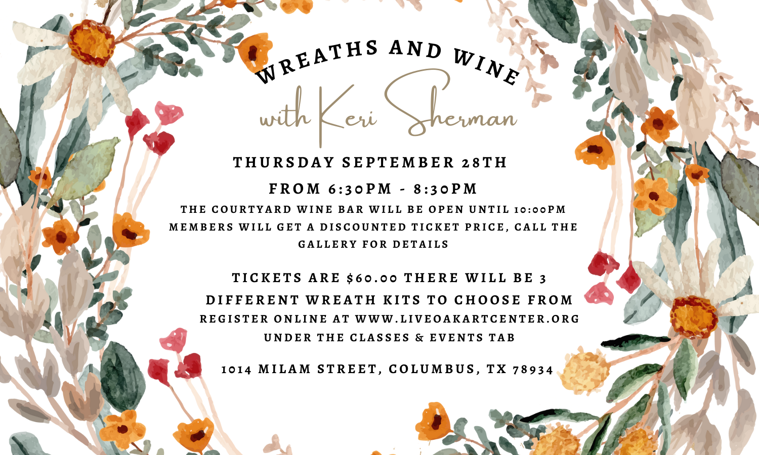 Wreaths & Wine with Keri Sherman September 28th 6:30pm - 8:30pm background image